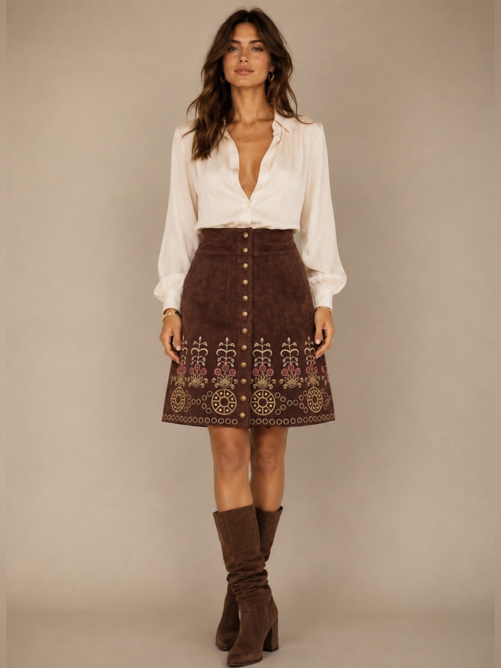 New Vintage Arden B Brown Suede Leather Skirt Floral Embroidered Boho Western 8